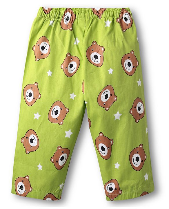 Babyhug Cotton Woven Full Sleeves Front Open Co-Ord Night Suit With Bear Print - Green