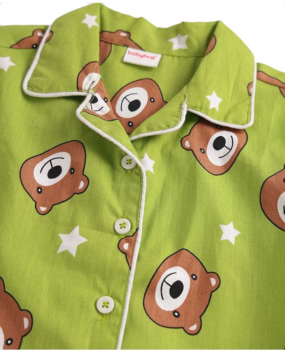 Babyhug Cotton Woven Full Sleeves Front Open Co-Ord Night Suit With Bear Print - Green