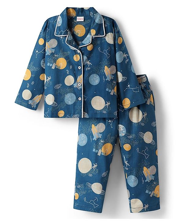 Babyhug Cotton Woven Full Sleeves Front Open Co-ords Night Suit With Space Theme Print - Blue