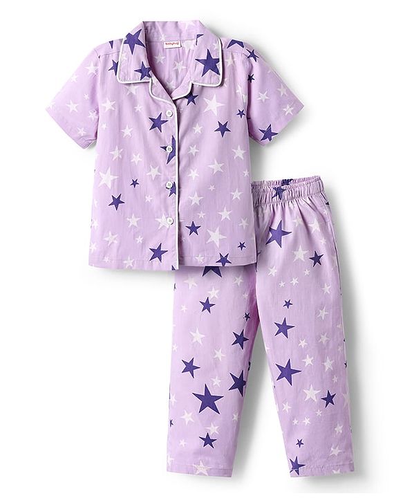 Babyhug Cotton Woven Half Sleeves Front Open Co-Ords Night Suit With Star Print - Lavender