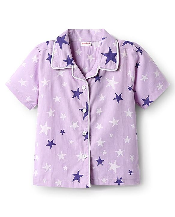 Babyhug Cotton Woven Half Sleeves Front Open Co-Ords Night Suit With Star Print - Lavender