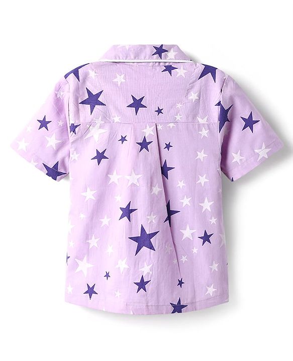 Babyhug Cotton Woven Half Sleeves Front Open Co-Ords Night Suit With Star Print - Lavender