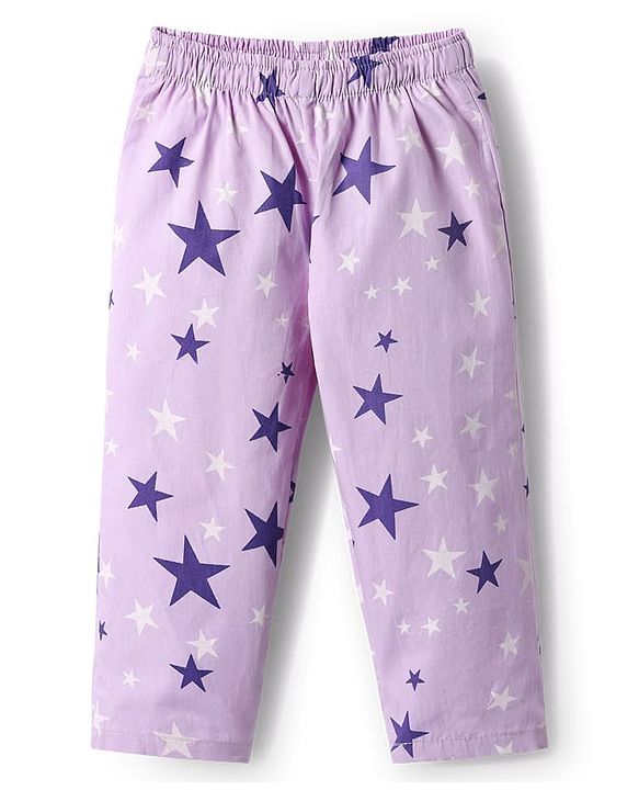Babyhug Cotton Woven Half Sleeves Front Open Co-Ords Night Suit With Star Print - Lavender