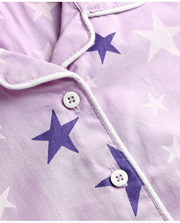 Babyhug Cotton Woven Half Sleeves Front Open Co-Ords Night Suit With Star Print - Lavender