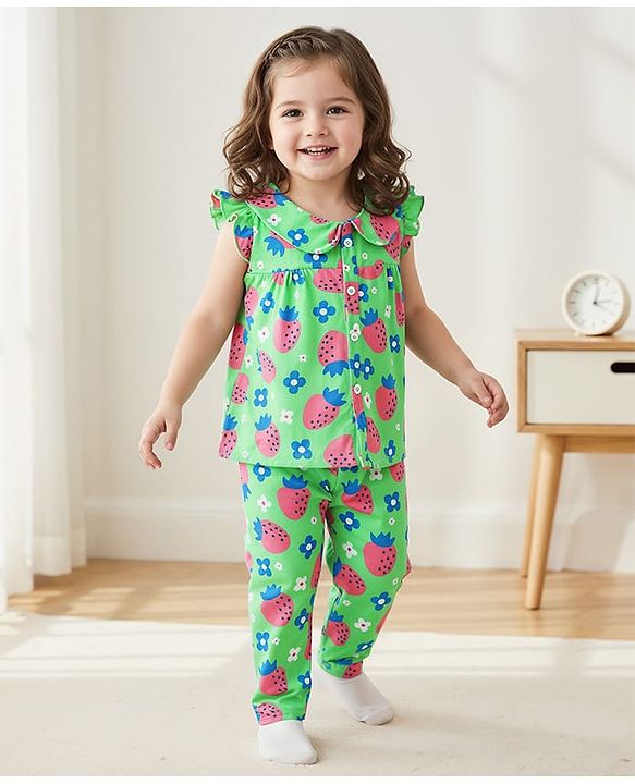 Babyhug Cotton Knit Frill Sleeves Front Open Co-Ord Night Suit with Tropical Print - Green
