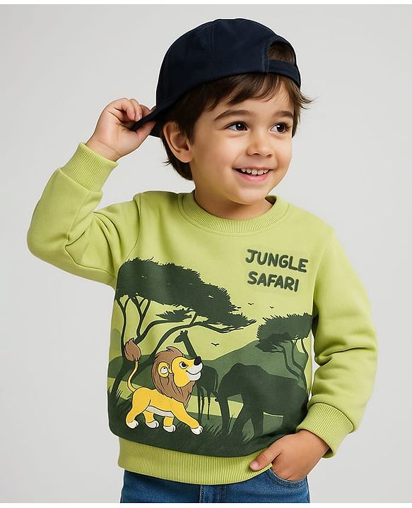 Babyhug Cotton Knit Full Sleeves Sweatshirt With Jungle Print - Light Green