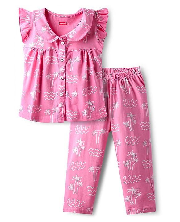 Babyhug Cotton Knit Frill Sleeves Co-ords Front Open Night Suit With Floral Print - Pink