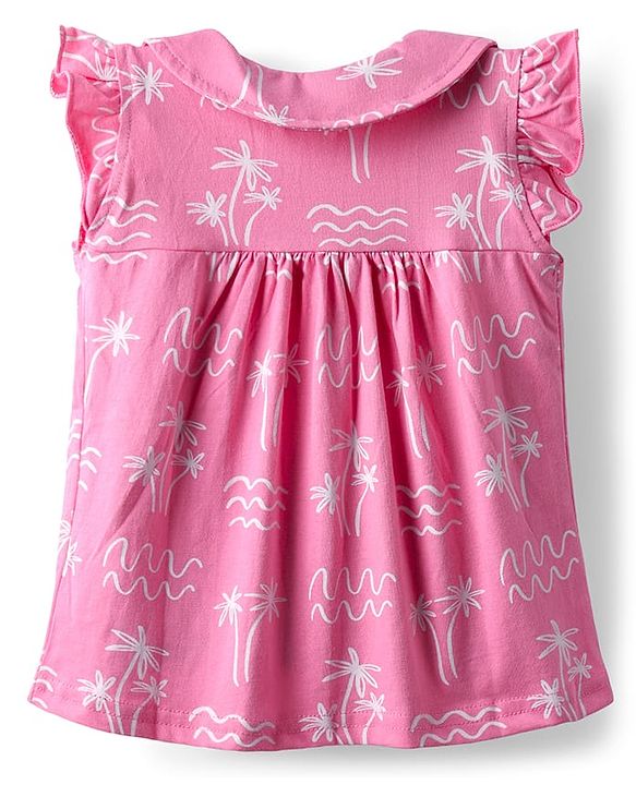 Babyhug Cotton Knit Frill Sleeves Co-ords Front Open Night Suit With Floral Print - Pink