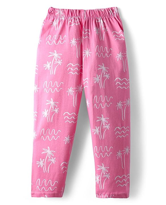 Babyhug Cotton Knit Frill Sleeves Co-ords Front Open Night Suit With Floral Print - Pink