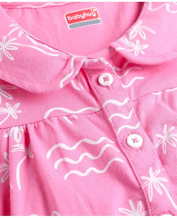 Babyhug Cotton Knit Frill Sleeves Co-ords Front Open Night Suit With Floral Print - Pink