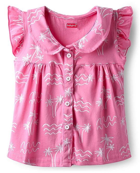 Babyhug Cotton Knit Frill Sleeves Co-ords Front Open Night Suit With Floral Print - Pink