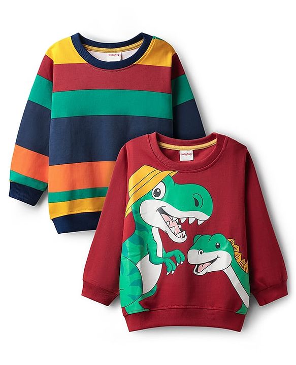 Babyhug Cotton Knit Full Sleeves Pullover Sweatshirts with Dino Print & Color Block Pack of 2 - Multicolor