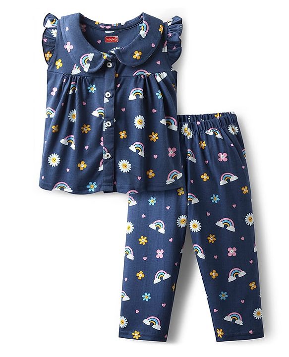 Babyhug 100% Cotton Knit Frill Sleeves Co-ords Night Suit With Floral Print - Navy Blue