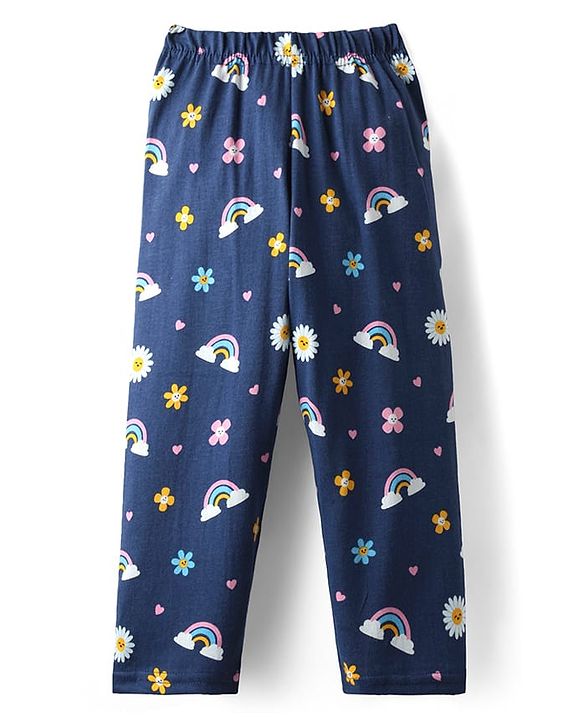 Babyhug 100% Cotton Knit Frill Sleeves Co-ords Night Suit With Floral Print - Navy Blue