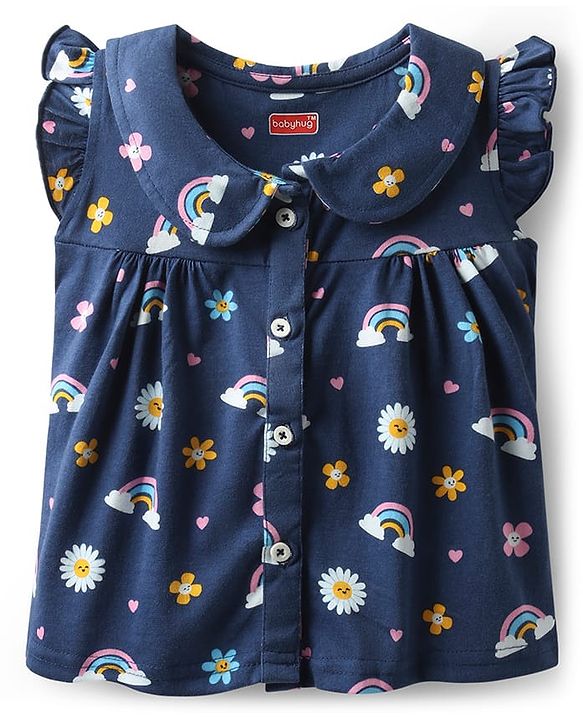 Babyhug 100% Cotton Knit Frill Sleeves Co-ords Night Suit With Floral Print - Navy Blue