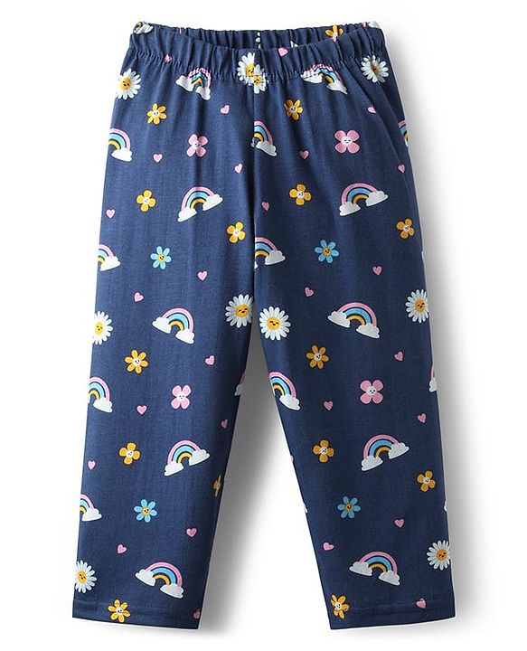 Babyhug 100% Cotton Knit Frill Sleeves Co-ords Night Suit With Floral Print - Navy Blue