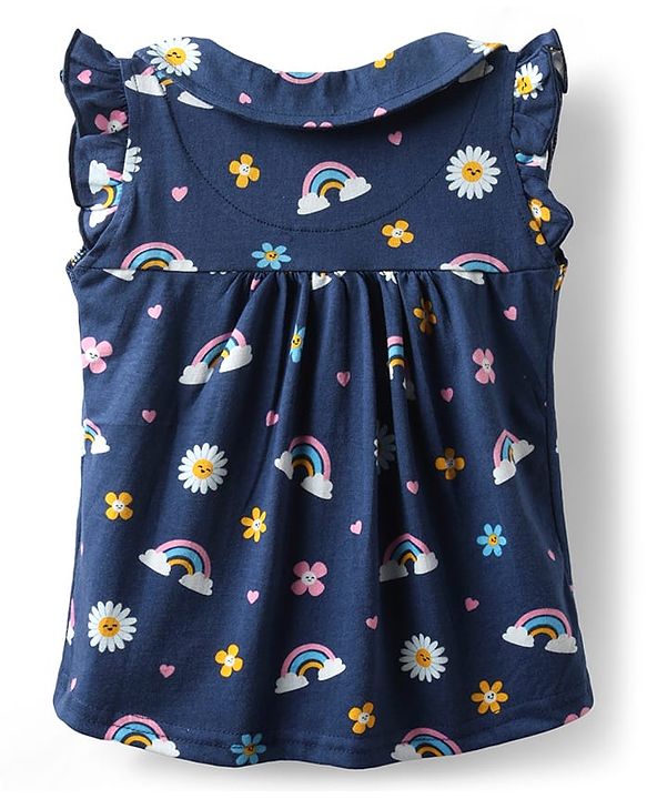 Babyhug 100% Cotton Knit Frill Sleeves Co-ords Night Suit With Floral Print - Navy Blue