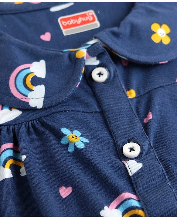 Babyhug 100% Cotton Knit Frill Sleeves Co-ords Night Suit With Floral Print - Navy Blue