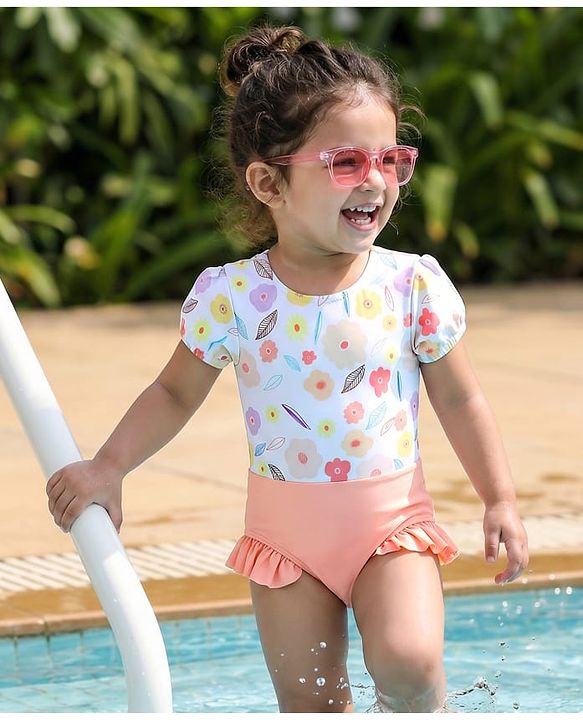 Babyhug Half Sleeves Printed V Cut Swimsuit - Pink