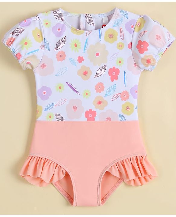 Babyhug Half Sleeves Printed V Cut Swimsuit - Pink