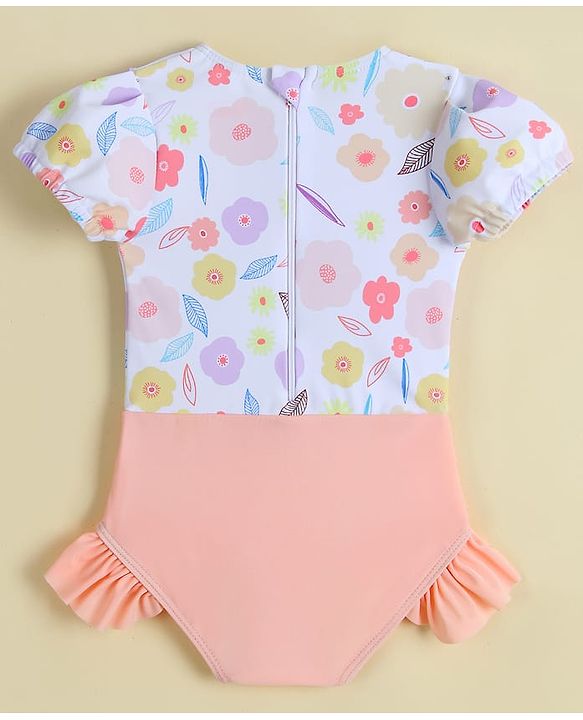 Babyhug Half Sleeves Printed V Cut Swimsuit - Pink