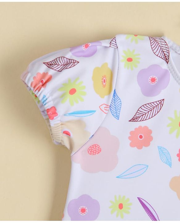 Babyhug Half Sleeves Printed V Cut Swimsuit - Pink
