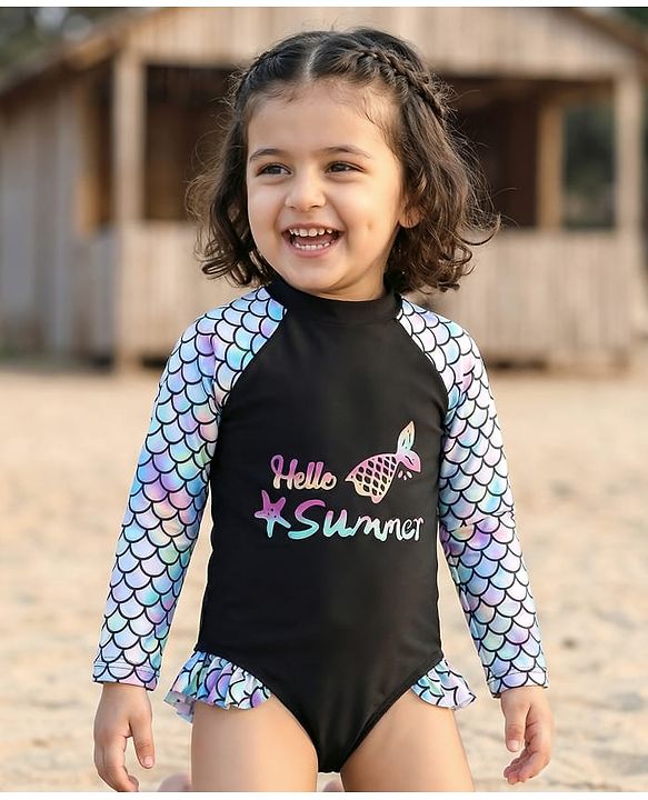 Babyhug Full Sleeves Printed V Cut Swimsuit - Black