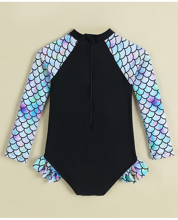 Babyhug Full Sleeves Printed V Cut Swimsuit - Black