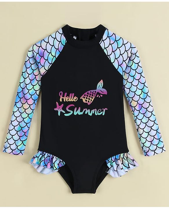 Babyhug Full Sleeves Printed V Cut Swimsuit - Black