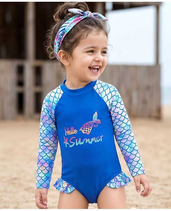 Babyhug Full Sleeves Printed V Cut Swimsuit - Black