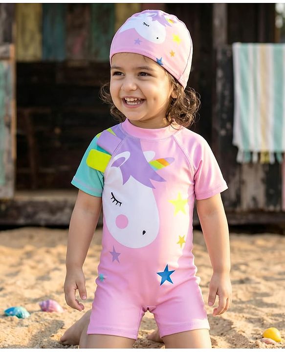 Babyhug Half Raglan Sleeves Legged Swimsuit With Unicorn Print & Cap - Pink