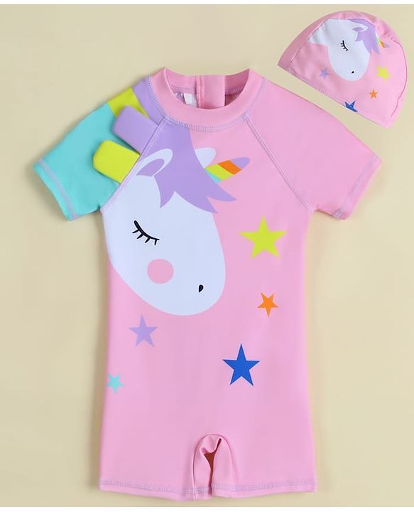 Babyhug Half Raglan Sleeves Legged Swimsuit With Unicorn Print & Cap - Pink
