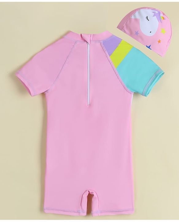 Babyhug Half Raglan Sleeves Legged Swimsuit With Unicorn Print & Cap - Pink