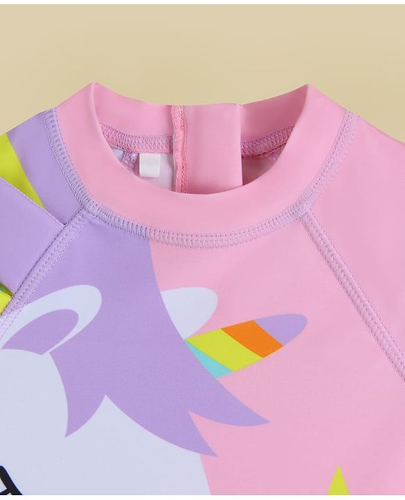 Babyhug Half Raglan Sleeves Legged Swimsuit With Unicorn Print & Cap - Pink