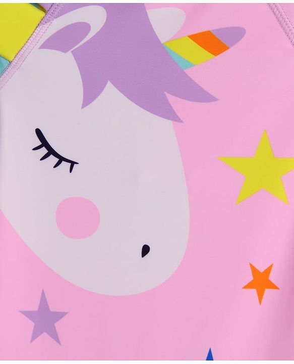 Babyhug Half Raglan Sleeves Legged Swimsuit With Unicorn Print & Cap - Pink
