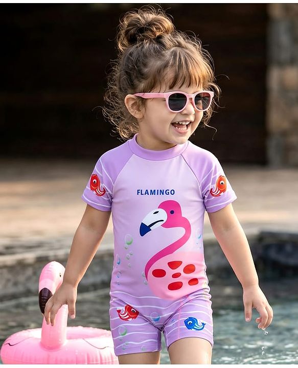 Babyhug Half Raglan Sleeves Legged Swimsuit With Flamingo Print - Purple
