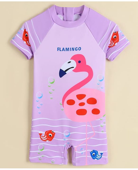 Babyhug Half Raglan Sleeves Legged Swimsuit With Flamingo Print - Purple