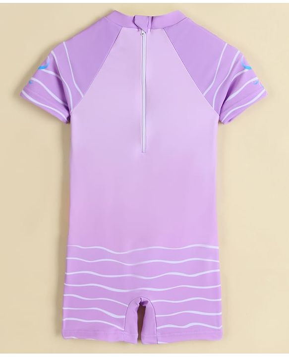 Babyhug Half Raglan Sleeves Legged Swimsuit With Flamingo Print - Purple