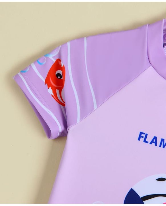 Babyhug Half Raglan Sleeves Legged Swimsuit With Flamingo Print - Purple