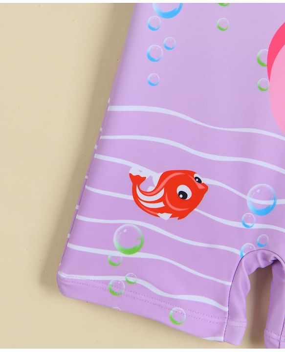 Babyhug Half Raglan Sleeves Legged Swimsuit With Flamingo Print - Purple