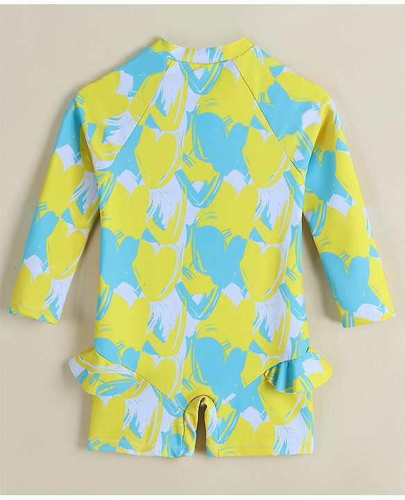 Babyhug Full Sleeves Legged Swimsuit With Abstract Print - Yellow