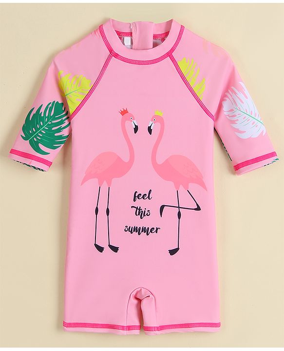Babyhug Half Raglan Sleeves Legged Swimsuit With Bird Print - Pink