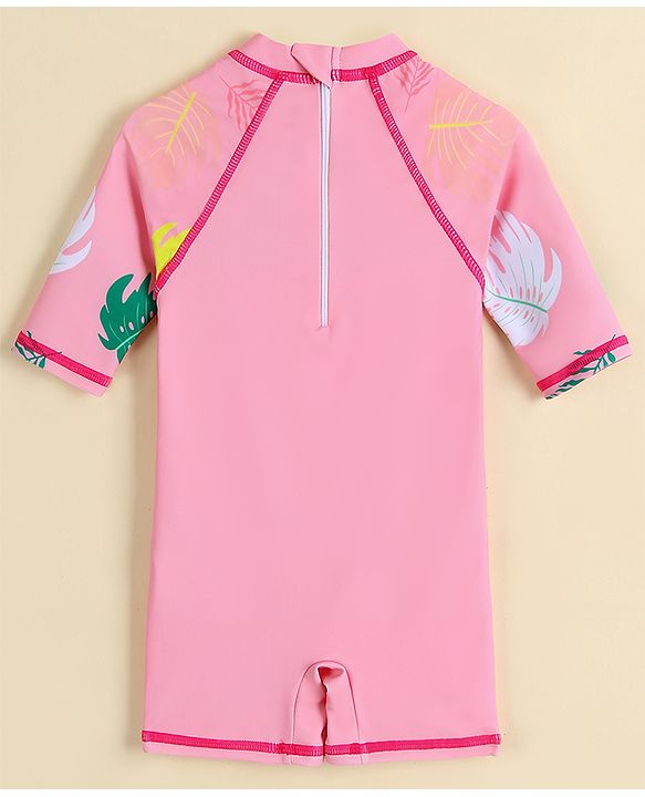 Babyhug Half Raglan Sleeves Legged Swimsuit With Bird Print - Pink
