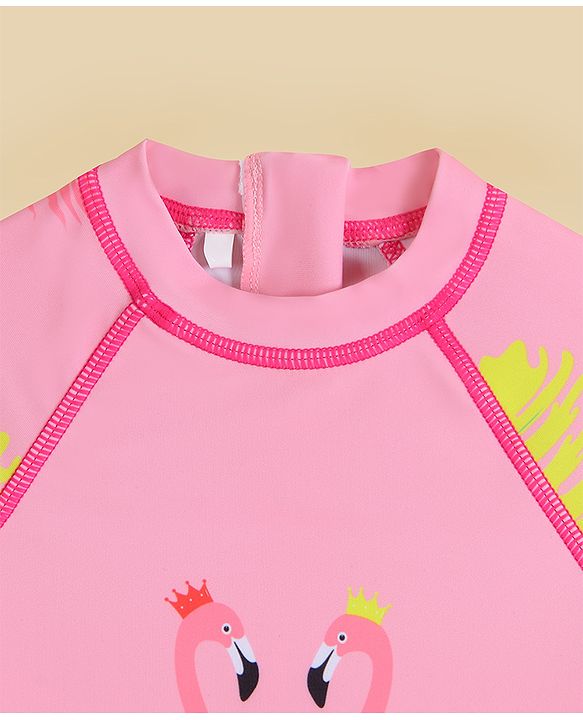 Babyhug Half Raglan Sleeves Legged Swimsuit With Bird Print - Pink