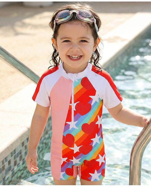 Babyhug Half Raglan Sleeves Printed Legged Swimsuit - Red