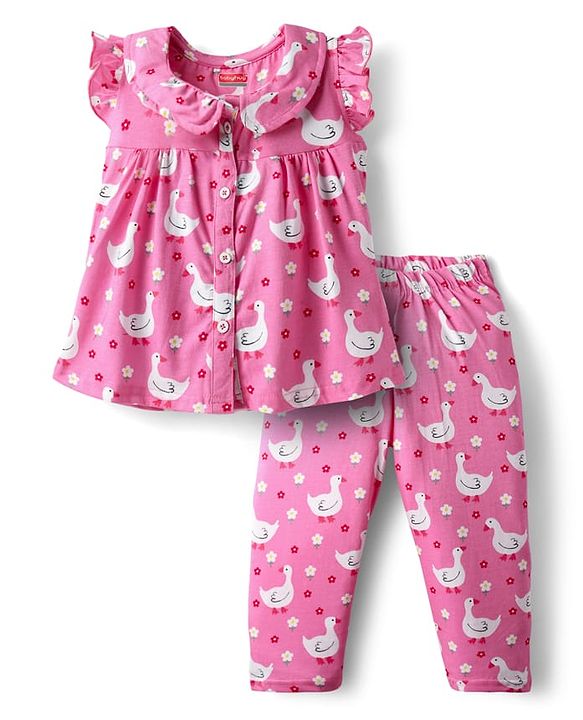 Babyhug 100% Cotton Knit Frill Sleeves Co-ords Front Open Night Suit With Floral Print - Pink