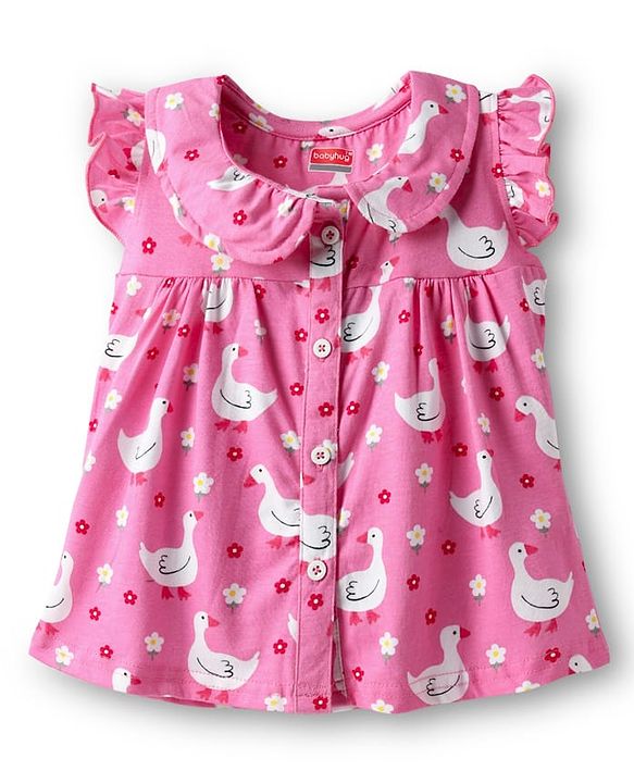 Babyhug 100% Cotton Knit Frill Sleeves Co-ords Front Open Night Suit With Floral Print - Pink