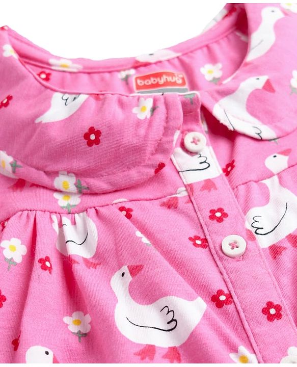 Babyhug 100% Cotton Knit Frill Sleeves Co-ords Front Open Night Suit With Floral Print - Pink