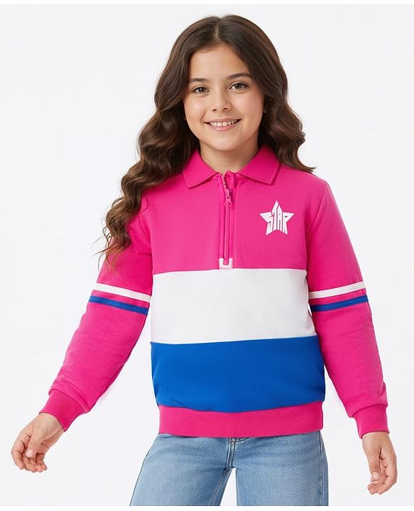 Pine Kids Cotton Knit Full Sleeves Sweatshirt With Star Print & Color Block Design - Dark Pink