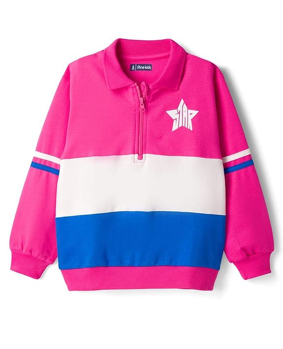 Pine Kids Cotton Knit Full Sleeves Sweatshirt With Star Print & Color Block Design - Dark Pink